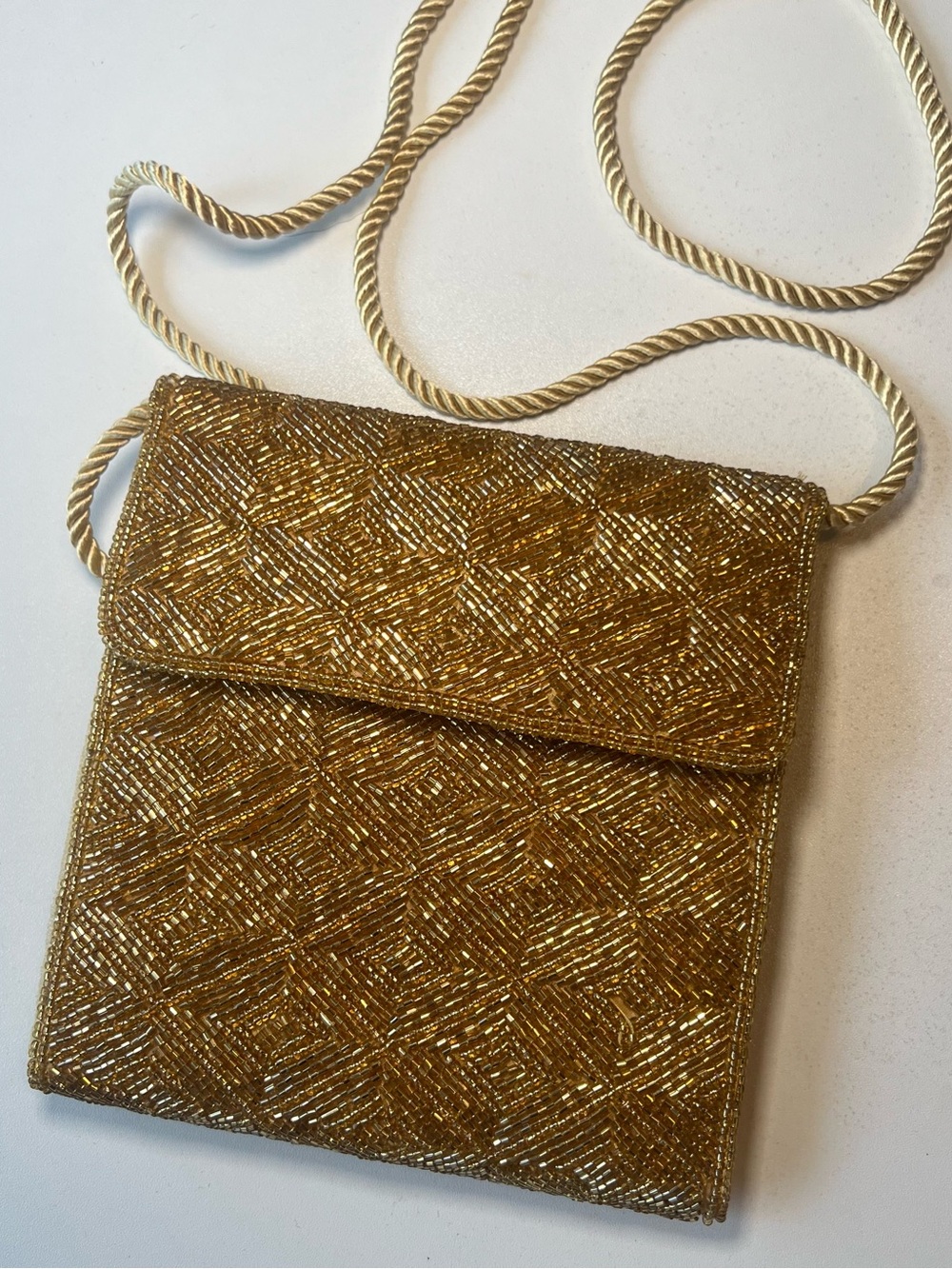 Vintage Gold Beaded Crossbody Bag with Rope Strap